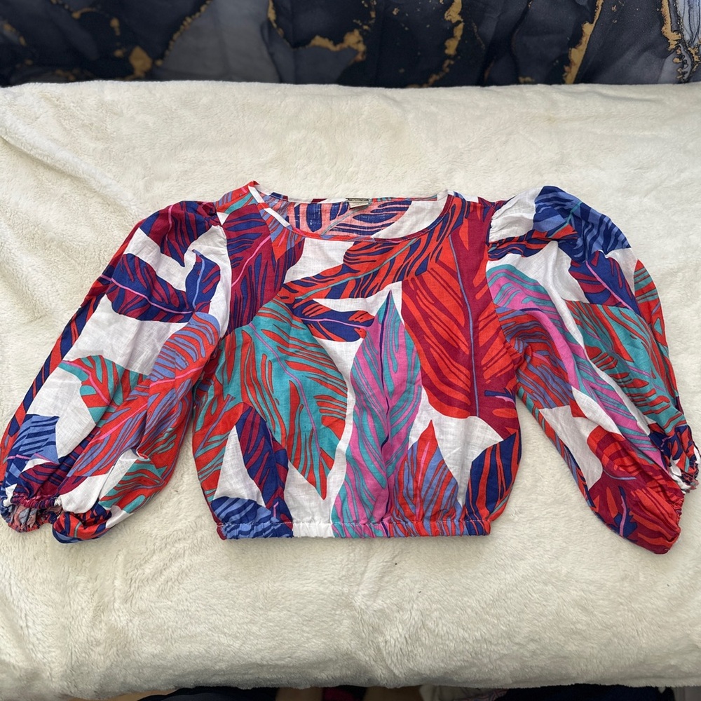 Magaschoni Linen Multicolor Leaf Print Blouse